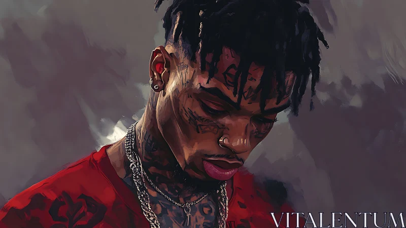 Tattooed man in red shirt gazes downward in moody light