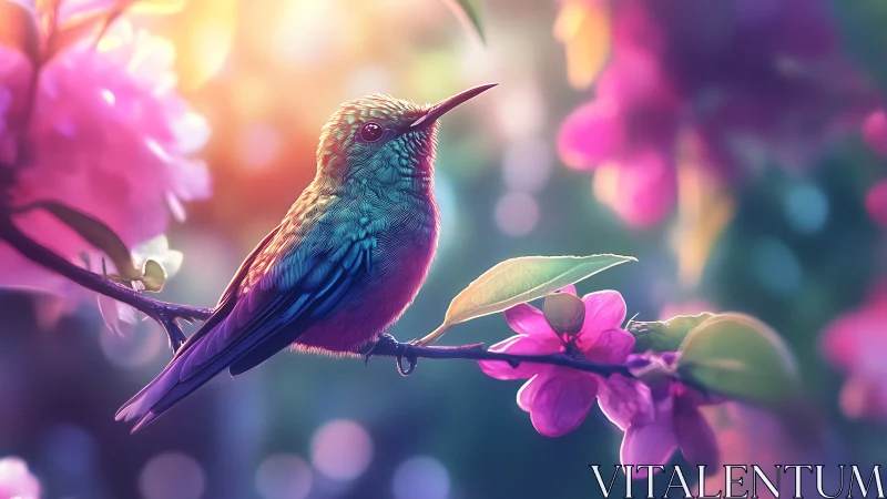 Glowing hummingbird resting softly among dreamy blossoms.
