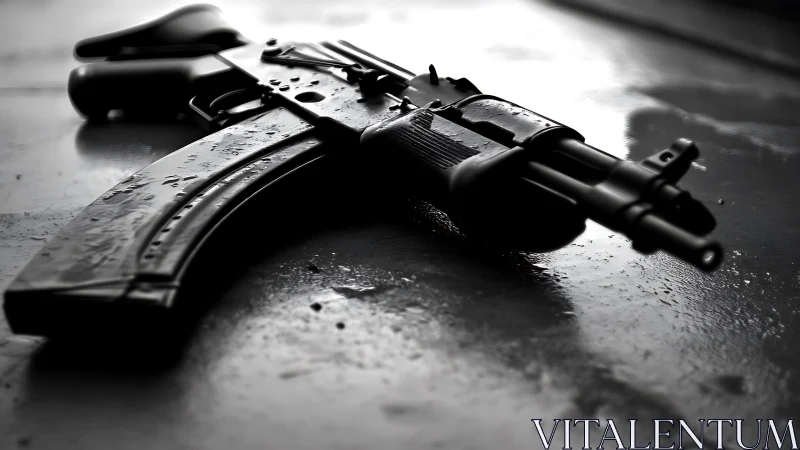 Slick assault rifle resting on wet reflective surface.