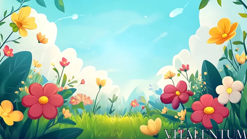 Whimsical spring meadow with stylized blooming flowers