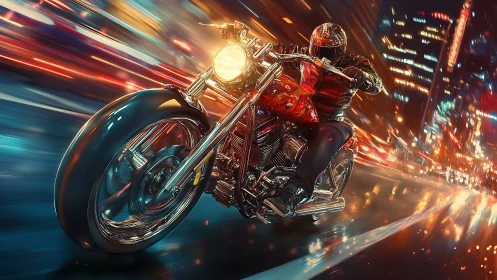 Night rider on chrome motorcycle slicing neon city streets.