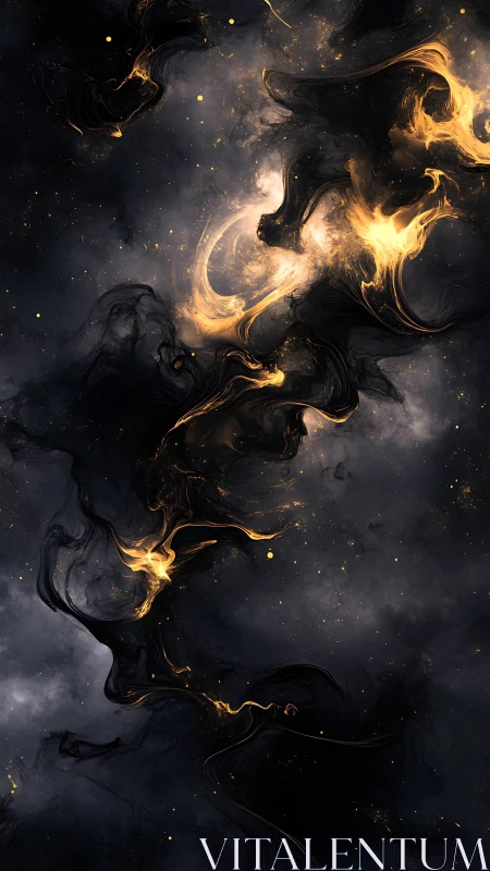 Golden nebula streams coil through deep cosmic shadow.