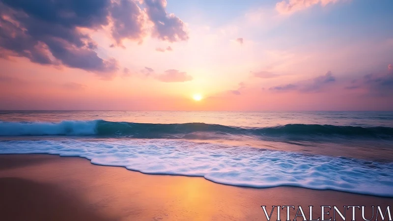 Pastel sunset glows above tranquil ocean shoreline panorama.