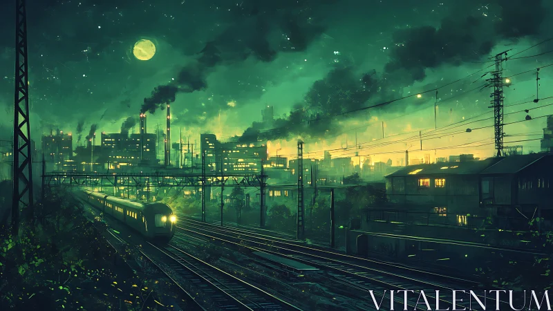 Moonlit factory rails and neon train under a toxic emerald sky.