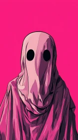 Pink hooded ghost figure against flat neon background.