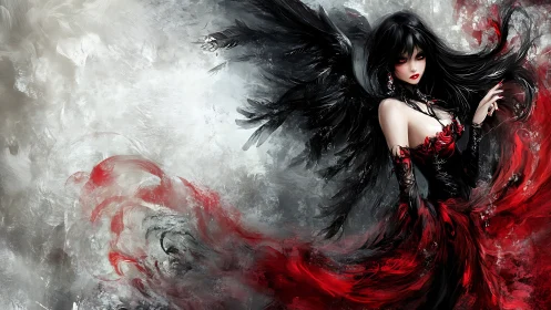 Gothic winged enchantress emerges from swirling red abstraction
