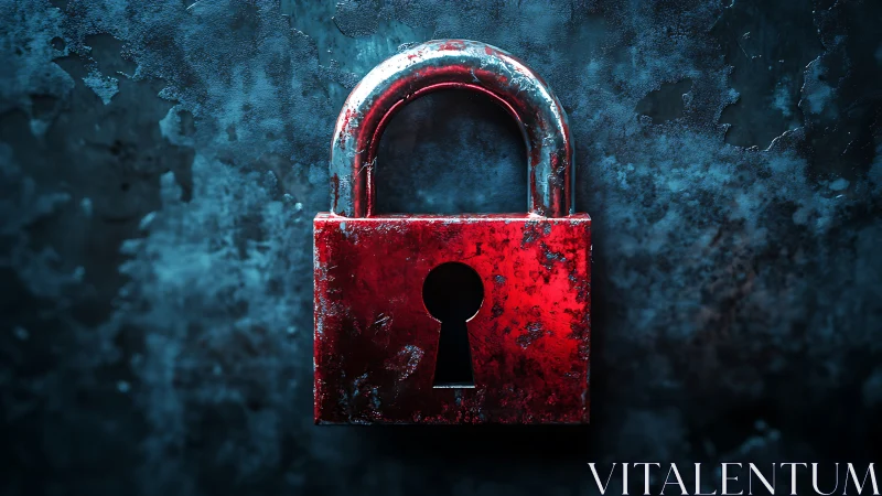 Red metal padlock glows against dark grunge background.