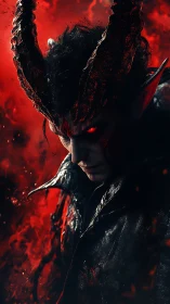 Brooding horned demon wrapped in ember-drenched shadowstorm.