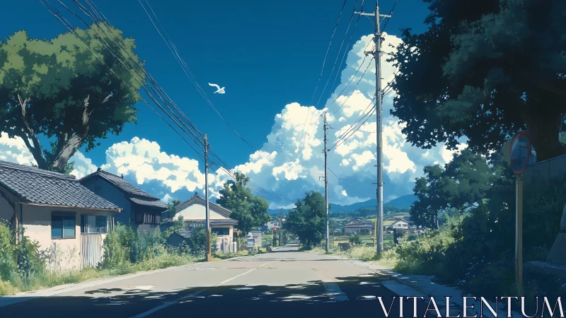 Rural road with utility poles under deep blue summer sky.