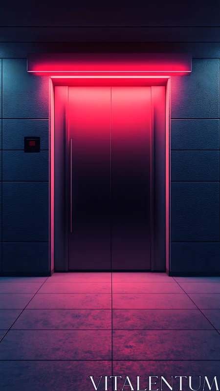 Neon portal elevator glows in electric magenta hush.