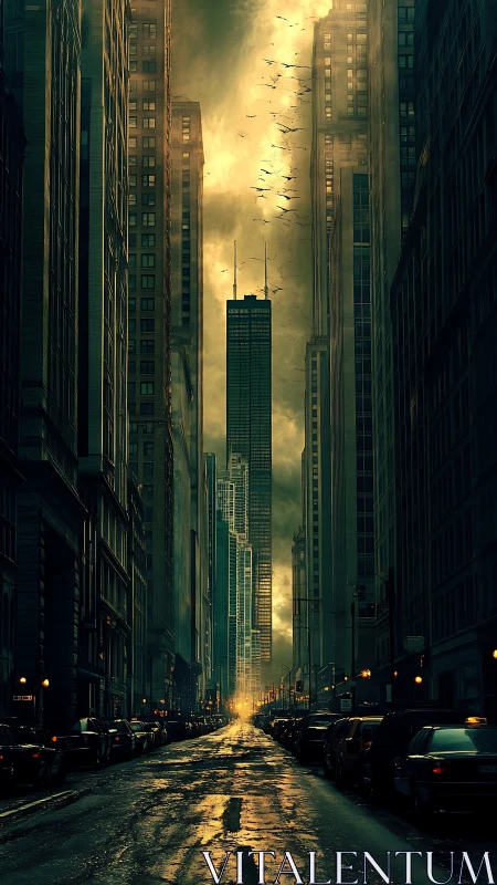 Moody city canyon under stormlit golden skyscrapers.