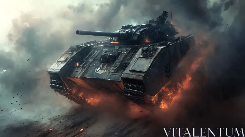 Steel predator erupts through firelit smoke on the battlefield