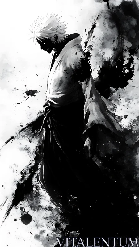 Monochrome ink figure with dissolving silhouette profile.