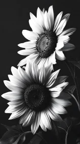 Twin Sunflowers Stage a Monochromatic Drama Against Darkness
