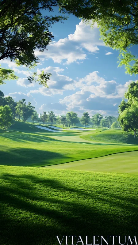 Sunlit golf fairways with layered bunkers under cumulus sky