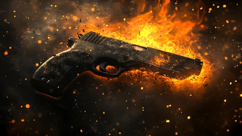 Pistol Semi-Automatic Handgun Engulfed in Orange Flames and Fire