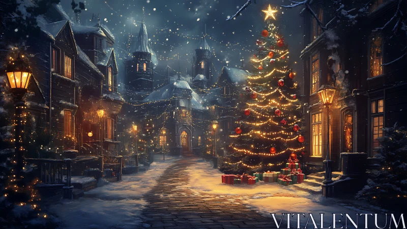 Snowy Christmas square glows with festive lights and gifts.