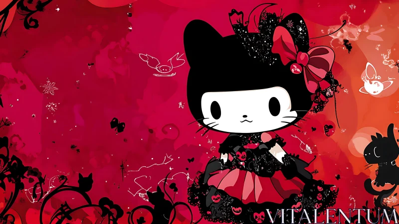 Gothic cat girl character in red fantasy illustration.