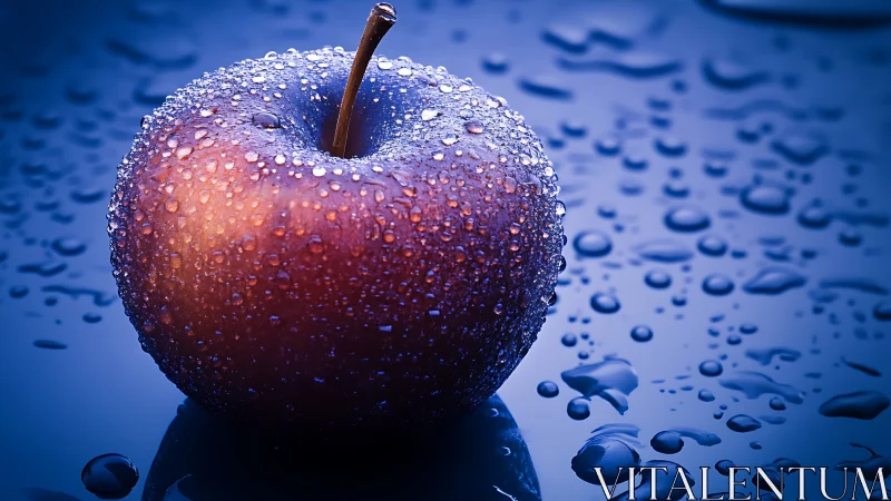 Macro hydrophilic red apple with specular water droplets.