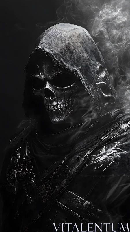 Hooded bone reaper rises from smoke-shrouded midnight gloom.