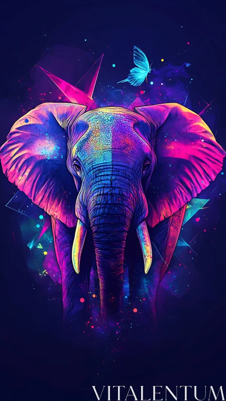Neon elephant portrait with cosmic butterfly glow.