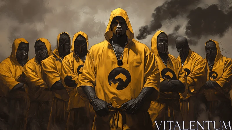 Hooded warriors in yellow robes stand united amid smoke