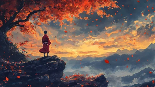 Solitary wanderer gazes over autumn mountains at dusk.