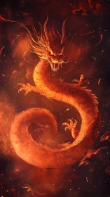 Fiery serpentine dragon coils through glowing ember clouds