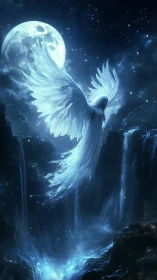 Luminous lunar angel over ethereal cascading waterfalls.