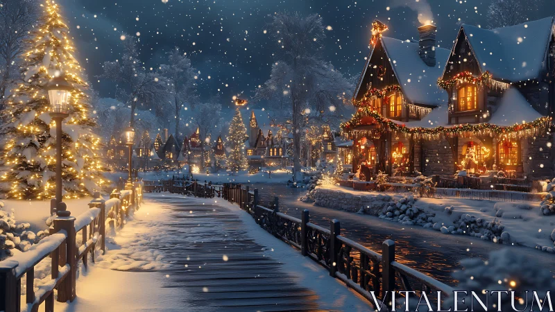 Snowy festive village walkway under warm holiday lights.