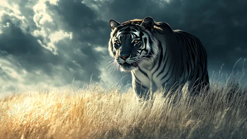 Stormlit tiger stalking through windswept golden grassland.