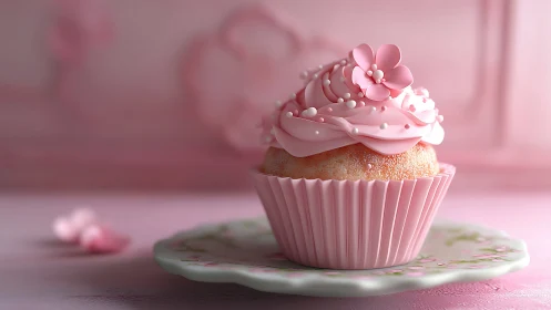 Delicate Pink Cupcake with Pearl Frosting and Floral Topper