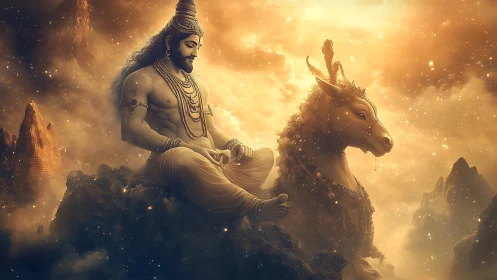 Mythic seated deity with bull mount amid glowing clouds.