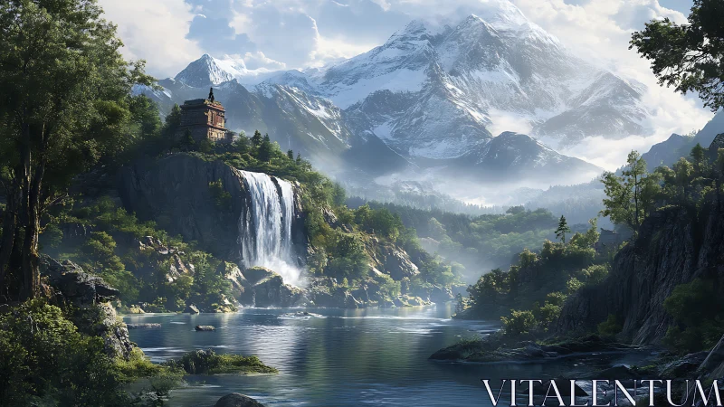 Mountain temple above roaring waterfall and misty lake.