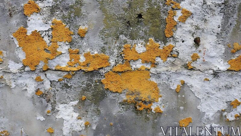 Weathered concrete wall with yellow lichen in abstract texture.
