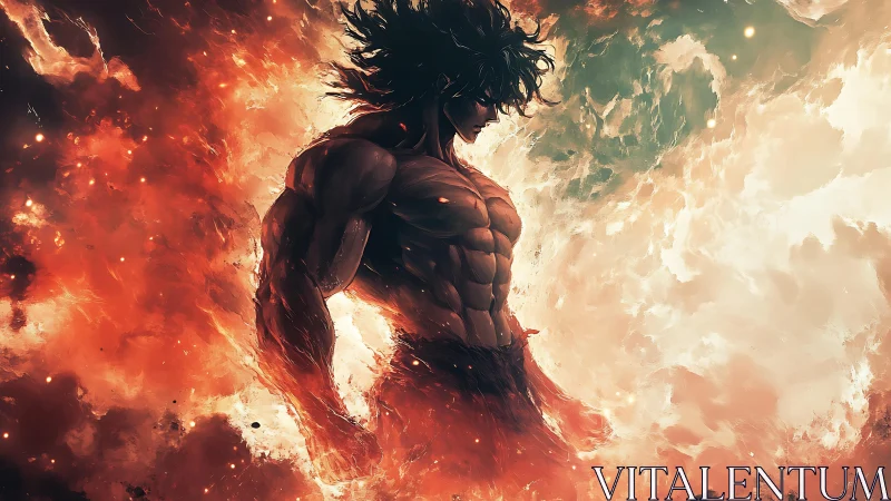 Fiery warrior silhouette emerges through swirling inferno