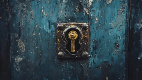 Weathered blue door with worn brass keyhole lock detail.