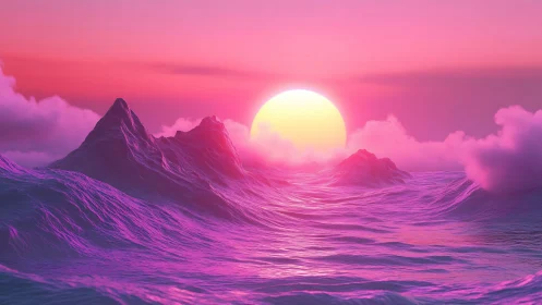 Synthwave style seascape with sun over stylized waves.