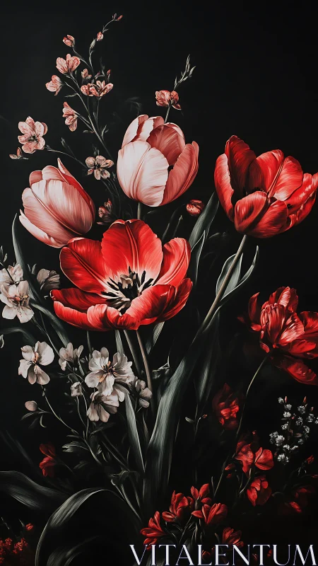 Crimson Blooms Dancing Against Darkness in Botanical Symphony