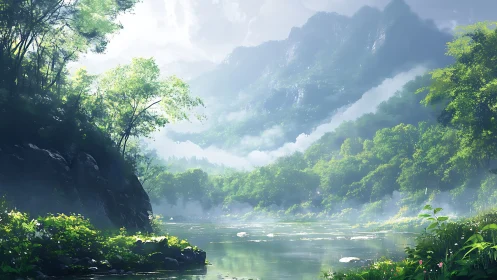 Emerald Sanctuary: Where Mountains Embrace Morning Mist.