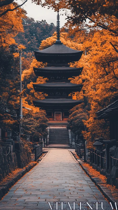Serene pagoda rises through fiery autumn maple canopy