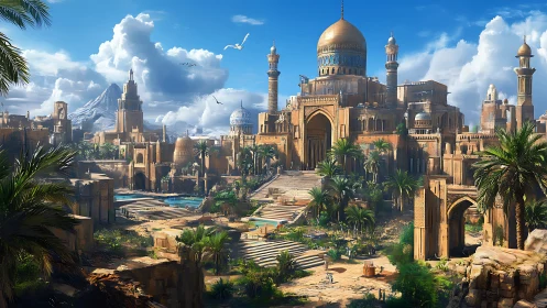 Sunlit desert citadel crowned with gleaming sapphire domes.