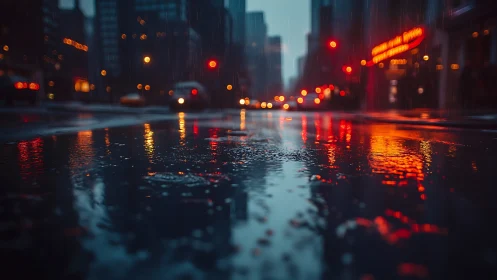 Wet city street surface reflects blurred night traffic lights