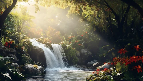 Sunlit jungle waterfall hums softly beneath emerald canopies