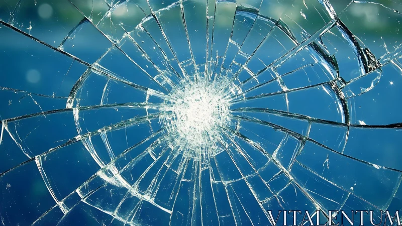 Close-up of shattered glass with radiating cracks, abstract style.