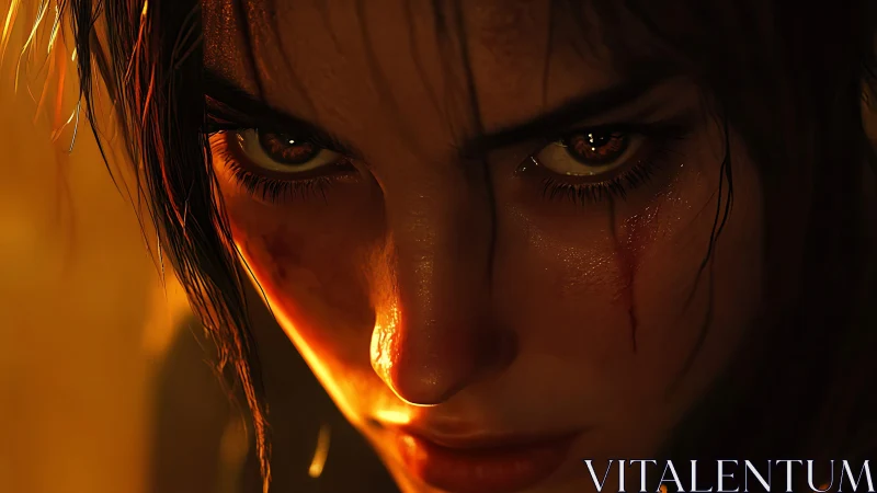 Fierce warrior close-up under molten amber lighting.