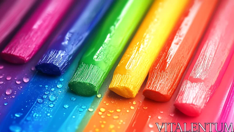 Close view of wet multicolored crayons on smooth surface.