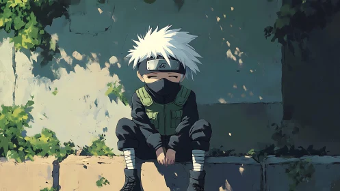 White-haired masked child on stone ledge in shaded courtyard.