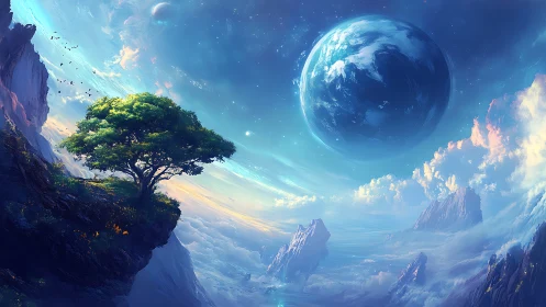 Lone cliffside tree gazes toward a vast alien skyscape.