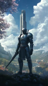 Armored sentinel before monolithic tower in alpine kingdom.